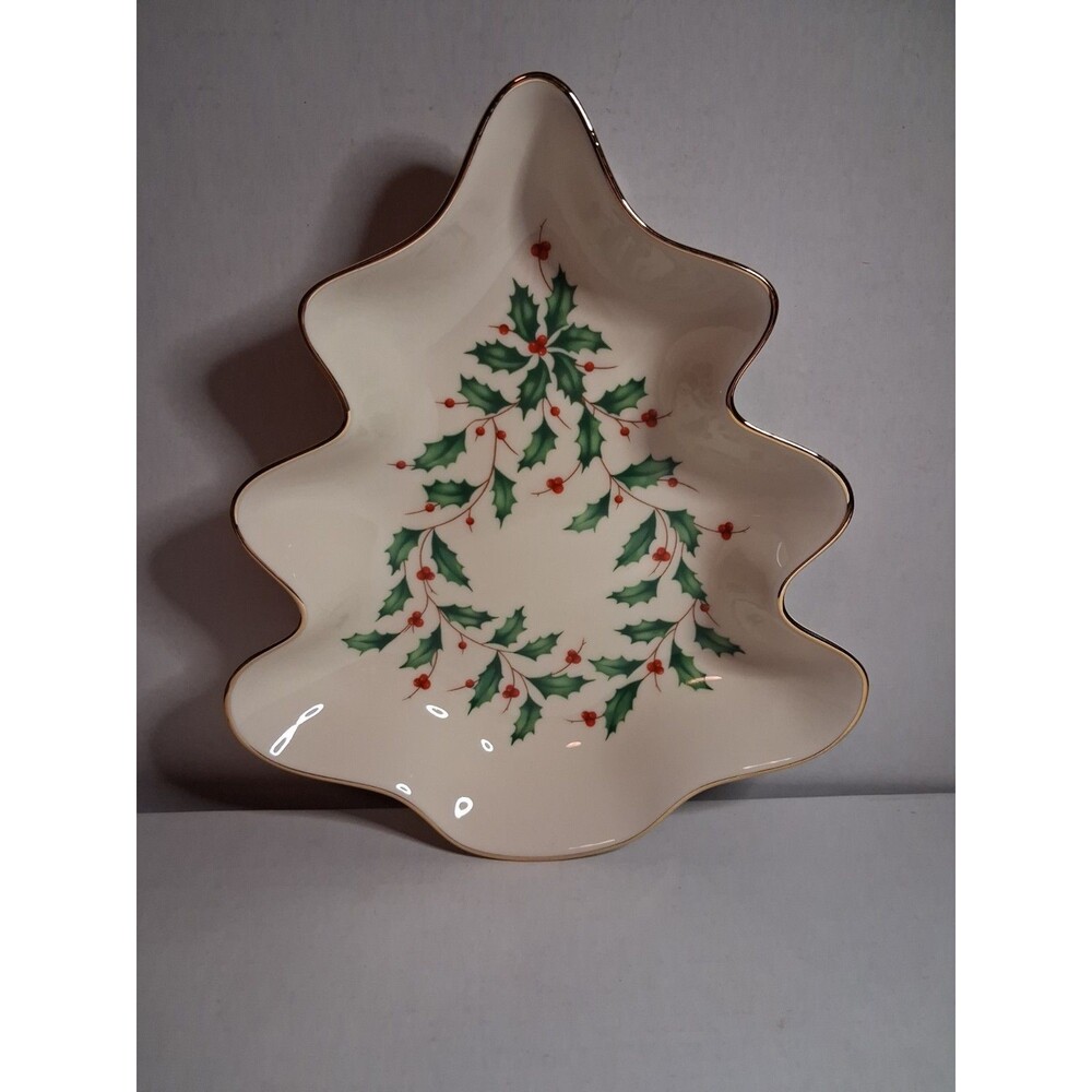 Lenox Holiday Tree Candy Dish Christmas Porcelain Holly Berry Gold Trim 8" NIB